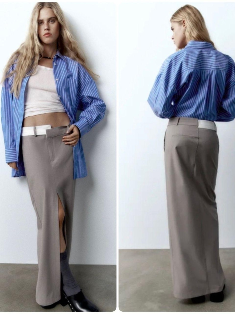 NWT Zara Grey High-Waist Maxi Skirt with Split